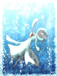  1girl arm_up artist_name baya_(sakura_mint) blue_background blue_hair blue_skin blue_theme bob_cut border bubble colored_skin commentary_request flat_chest from_side full_body gardevoir gradient_background hair_over_one_eye looking_up multicolored_skin one_eye_covered open_mouth orange_eyes outdoors pokemon pokemon_(creature) short_hair signature solo two-tone_skin underwear white_border white_skin 