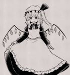  1girl :d alternate_costume curtsey dress flandre_scarlet ganmaganmo grey_background hat juliet_sleeves long_sleeves looking_at_viewer mob_cap monochrome open_mouth puffy_sleeves short_hair side_ponytail slit_pupils smile solo touhou traditional_media wings 