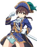  1girl belt brown_eyes brown_hair fist gertrud_barkhorn gloves hat military_uniform nanashino smile strike_witches sword twintails underwear 