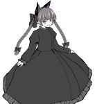  1girl animal_ears bow braid cat_ears dress extra_ears fangs ganmaganmo greyscale hair_bow hair_ribbon juliet_sleeves kaenbyou_rin long_dress long_hair long_sleeves looking_at_viewer monochrome pointy_ears puffy_sleeves ribbon solo touhou tsurime twin_braids very_long_hair 