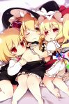  3girls barefoot blonde_hair child closed_mouth eyebrows eyebrows_visible_through_hair fang feet flandre_scarlet hat kirisame_marisa looking_at_viewer lying matatabi_(nigatsu) multiple_girls navel on_back one_eye_closed open_mouth red_eyes rumia shiny shirt shirt_lift smile touhou vampire wings witch_hat yellow_eyes younger 