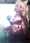  1girl abs bare_shoulders breasts cleavage dark_skin erect_nipples female glasses gloves kantai_collection large_breasts long_hair looking_at_viewer mastercake musashi_(kantai_collection) muscle red_eyes sitting smile solo toned white_hair 