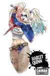  1girl batman_(series) blonde_hair blue_eyes breasts choker dc_comics dip-dyed_hair female fishnet_pantyhose fishnets full_body harley_quinn jacket lipstick makeup multicolored_hair pubic_tattoo solo suicide_squad tattoo tied_hair twintails weapon 