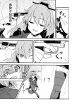  !? ... 2girls bangs blazer chinese closed_eyes comic eyebrows eyebrows_visible_through_hair fang female greyscale gun gun_to_head hair_between_eyes hair_ornament hard_translated highres holding holding_gun holding_weapon jacket kantai_collection kumano_(kantai_collection) long_hair monochrome multiple_girls on_floor open_mouth pleated_skirt pointing ponytail shirt sitting skirt speech_bubble spoken_ellipsis striped striped_legwear surprised suzuya_(kantai_collection) sweat text thigh-highs translation_request weapon white_background yomosaka 