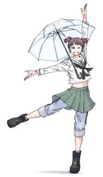  1girl absurdres alternate_costume arm_up black_footwear black_neckerchief boots brown_eyes brown_hair commentary dated_commentary full_body girls_und_panzer green_skirt grey_pants grin highres long_sleeves midriff mikko_(girls_und_panzer) neckerchief one_eye_closed ooarai_school_uniform outstretched_arm pants pants_under_skirt pleated_skirt sailor_collar school_uniform serafuku shirt short_eyebrows short_hair short_twintails simple_background skirt skrmtl smile solo standing standing_on_one_leg transparent transparent_umbrella twintails umbrella umbrella_over_shoulder v-shaped_eyebrows white_background white_sailor_collar white_shirt 