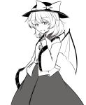  1girl :d bat_wings blouse bow fang female finger_to_mouth ganmaganmo hat hat_bow komeiji_koishi komeiji_koishi_(cosplay) long_skirt long_sleeves looking_at_viewer monochrome open_mouth remilia_scarlet short_hair simple_background skirt slit_pupils smile solo touhou white_background wide_sleeves wings 