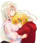  1boy 1girl aqua_eyes blonde_hair blush elizabeth_liones green_eyes hair_over_one_eye hoodie hug long_hair looking_at_viewer meliodas nanatsu_no_taizai off_shoulder silver_hair sim_(simaaaaao) simple_background sitting sweater teenage_girl_and_younger_boy undershirt upper_body white_background 