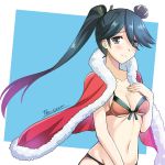  1girl bikini black_hair blue_eyes breasts cape crown fur_trim hair_over_one_eye highres houshou_(kantai_collection) kantai_collection long_hair medium_breasts mini_crown orange_bikini ponytail swimsuit the-sinner 