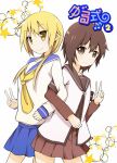  2girls blonde_hair brown_eyes brown_hair dress funami_yui ichii_yui kotaka long_hair multiple_girls school_uniform seiyuu_connection short_hair simple_background skirt smile white_background yellow_eyes yuru_yuri yuyushiki 