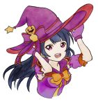  1girl blue_hair breasts halloween_costume hat highres long_hair looking_at_viewer love_live! love_live!_sunshine!! open_mouth reisth solo tsushima_yoshiko violet_eyes witch_hat 