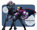  2boys arc_system_works artist_request blazblue blazblue:_bloodedge_experience blindfold blonde_hair cape formal height_difference high_collar mechanical_arms multiple_boys pointy_ears relius_clover short_hair smile suit transformation valkenhayn_r_hellsing werewolf white_hair younger 