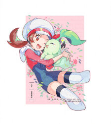  1girl ;d blue_overalls brown_eyes brown_hair cabbie_hat chikorita hat highres hug kusuribe looking_at_another lyra_(pokemon) one_eye_closed open_mouth overalls pokemon pokemon_(creature) pokemon_hgss red_shirt shirt smile teeth thigh-highs twintails twitter_username upper_teeth_only white_hat white_thighhighs 
