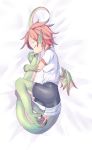  1girl 4139 bike_shorts closed_eyes dragon_girl drooling female full_body lying monster_girl on_bed on_side original short_hair sleeping solo tail tail_hug wings 