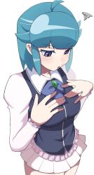  1girl :o ahoge blue_bow blue_bowtie blue_hair blunt_bangs bow bowtie breasts collar cowboy_shot downturned_eyes frilled_shirt frills from_above green_brooch grey_sweater_vest hair_flaps half-closed_eyes hands_on_own_chest hands_up highres juliet_sleeves keroro_gunsou long_sleeves looking_down medium_breasts miniskirt nishizawa_momoka parted_lips pleated_skirt puffy_sleeves shirt sidelocks simple_background skirt solo squiggle sweater_vest three_quarter_view violet_eyes white_background white_collar white_skirt white_sleeves wing_collar zettai_ryouiki 
