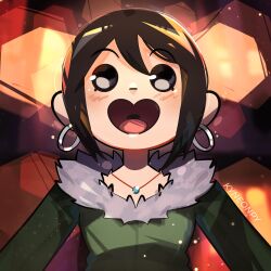  1girl absurdres artist_name black_eyes black_hair blush coat earrings fur-trimmed_coat fur_trim green_coat hair_between_eyes happy heart-shaped_mouth highres jewelry knives_chau kyneonpy necklace scott_pilgrim_(series) scott_pilgrim_takes_off short_hair sidelocks smile solo straight-on upper_body 