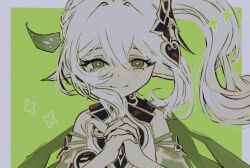  1girl armlet bare_shoulders border braid cape closed_eyes cross-shaped_pupils crown_braid detached_sleeves double-parted_bangs dress facing_viewer ff9900 genshin_impact gold_trim green_background green_cape green_eyes green_sleeves hair_between_eyes hair_intakes hair_ornament jewelry leaf leaf_hair_ornament light_blush long_hair looking_at_viewer nahida_(genshin_impact) own_hands_clasped own_hands_together pointy_ears raised_eyebrows side_ponytail sidelocks smile solo straight-on symbol-shaped_pupils upper_body white_border white_dress white_hair 