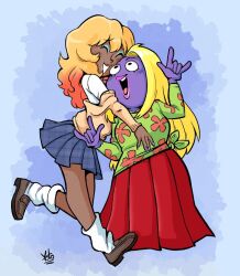  2girls ^_^ alternate_costume blonde_hair blue_background blue_eyeshadow blue_skirt brown_footwear cardigan closed_eyes clothed_pokemon colored_skin colored_tips curtained_hair dark-skinned_female dark_skin eyelashes eyeshadow fingernails floral_print floral_print_shirt furrowed_brow green_shirt gyaru hands_up hug jynx kogal lipstick long_fingernails long_skirt long_sleeves looking_at_another looking_up loose_socks makeup multicolored_hair multiple_girls nail_polish off_shoulder open_mouth original parted_bangs penny_loafers pink_lips pink_nails plaid_clothes plaid_skirt pleated_skirt pokemon pokemon_(creature) print_shirt purple_eyeshadow purple_skin red_skirt redhead ruka_kouga school_uniform shaka_sign shirt shoes side-tie_shirt skirt smile socks tan teeth two-tone_hair upper_teeth_only white_shirt white_socks yotomoe1 