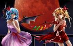  2girls adapted_costume arm_at_side arm_garter bat_wings blonde_hair blue_hair blush breasts cleavage dress finger_to_chin flandre_scarlet flat_chest full_moon hair_ribbon hand_on_own_chest head_tilt lavender_dress moon multiple_girls night night_sky no_hat no_headwear orange_eyes outdoors parted_lips railing red_dress red_eyes red_moon remilia_scarlet ribbon short_hair siblings side_ponytail sisters sky small_breasts smile strapless strapless_dress sumire495 touhou wings 