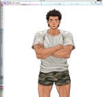  1boy blush body_hair brown_hair dgls looking_at_viewer male_focus open_mouth solo underwear 