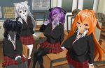  3d 3d_custom_girl 4girls artist_request black_hair breasts brown_hair cat dog female furry horns indoors long_hair multiple_girls purple_hair red_eyes school_uniform short_hair skirt uniform violet_eyes white_hair 