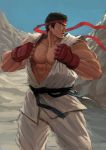  1boy abs black_hair dgls headband looking_away muscle outdoors pecs solo street_fighter tagme torn_clothes 