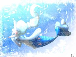  1girl animal_hands animal_nose artist_name baya_(sakura_mint) blue_background blue_eyes blue_theme border bubble colored_skin commentary_request fish from_side full_body furry furry_female hand_to_own_mouth hand_up long_hair mermaid monster_girl multi-tied_hair pearl_hair_ornament pokemon pokemon_(creature) primarina profile signature snout solo starfish_hair_ornament swimming underwater very_long_hair white_border white_skin 