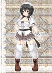  1girl ankle_boots black_hair blush boots breasts choker cleavage cross-laced_footwear frilled_skirt frills full_body garter_straps hand_on_hip highres himeka_(estacion) huyusilver lace-up_boots large_breasts looking_at_viewer maid_headdress medium_breasts miniskirt mrs._estacion red_eyes sash skirt smile solo standing thigh-highs wrist_cuffs 