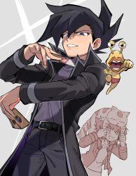  2boys animal_on_head belt black_coat blush card cat cat_on_head coat duel_monster grin hair_between_eyes highres holding holding_card jacket long_sleeves looking_at_viewer male_focus manjoume_jun multiple_boys ojama_yellow on_head one_eye_closed open_clothes open_coat open_jacket open_mouth pants pharaoh_(cat) simon_(ttgl) simple_background smile spiky_hair wahootarou yu-gi-oh! yu-gi-oh!_gx yuki_judai 