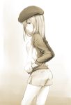  1girl beret from_side hand_in_pocket hat highres jacket long_hair long_sleeves looking_at_viewer miyanari monochrome original parted_lips profile sketch solo 
