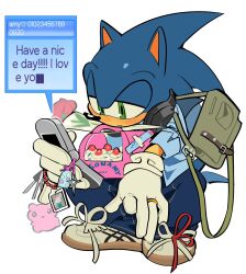 1boy animal_ears animal_nose bag blue_fur blue_pants blue_shirt blush cellphone cellphone_charm charm_(object) closed_mouth flip_phone furry furry_male gloves green_eyes headphones headphones_around_neck hedgehog_boy highres holding holding_phone jewelry kosherea pants pastry_box phone ring shirt shoes short_tail shoulder_bag sneakers solo sonic_(series) sonic_the_hedgehog speech_bubble squatting tail white_gloves 
