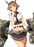  1girl bangs bare_shoulders breasts brown_hair chains chrysanthemum collar finger_to_mouth flower gloves green_eyes gudon_(iukhzl) headgear kantai_collection large_breasts looking_at_viewer machinery miniskirt mutsu_(kantai_collection) navel open_mouth pleated_skirt red_legwear short_hair simple_background skirt smile turret white_gloves 