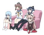  &gt;:/ &gt;:\ 4girls :d amatsukaze_(kantai_collection) black_hair black_legwear blue_eyes blue_hair blush boots brown_eyes brown_hair brown_skirt cellphone choker clenched_hands collarbone collared_shirt couch dress drink drinking drinking_straw eyebrows eyebrows_visible_through_hair full_body hair_tubes hatsukaze_(kantai_collection) headgear holding holding_phone indian_style kantai_collection kneehighs long_hair long_sleeves multicolored_hair multiple_girls neckerchief necktie open_mouth pantyhose phone plastic_cup red_legwear sailor_dress shirt simple_background sitting skirt smartphone smile thick_eyebrows thigh-highs thigh_boots tokitsukaze_(kantai_collection) tonmoh two-tone_hair two_side_up very_long_hair vest white_background white_hair white_legwear white_shirt wing_collar yellow_necktie yukikaze_(kantai_collection) 