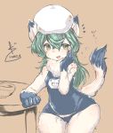  1girl artist_request cat female furry green_eyes green_hair hat long_hair matching_hair/eyes open_mouth partially_colored solo swimsuit 