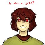  androgynous brown_hair chara_(undertale) commentary english freckles highres looking_at_viewer oxi_(oxidization) parted_lips red_eyes simple_background smile solo spoilers transparent_background undertale 