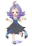  1girl 2016 :d acerola_(pokemon) armlet blue_eyes blush dated dress elite_four full_body half_updo holding holding_poke_ball kanya_pyi leg_up open_mouth poke_ball pokemon pokemon_(game) pokemon_sm purple_hair sandals short_hair simple_background smile stitches torn_clothes torn_dress ultra_ball white_background 