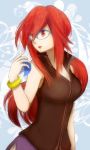  1girl artist_request bare_arms bare_shoulders bracelet breasts cleavage elite_four glasses holding holding_poke_ball jewelry kanna_(pokemon) large_breasts long_hair miniskirt open_mouth poke_ball pokemon pokemon_(game) pokemon_frlg ponytail red_eyes redhead skirt sleeveless 