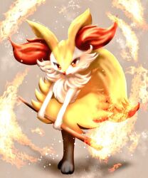  1girl animal_ear_fluff animal_ears animal_feet animal_nose artist_name baya_(sakura_mint) black_fur body_fur braixen commentary_request fang fire fox_ears fox_girl fox_tail full_body furry furry_female grey_background holding holding_stick looking_at_viewer multicolored_fur neck_fur open_mouth pokemon pokemon_(creature) pyrokinesis red_eyes signature snout solo standing stick tail twitter_username white_fur yellow_fur 