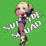  1girl ass baseball_bat batman_(series) breasts bubblegum chibi dc_comics harley_quinn high_heel_boots makeup multicolored_hair shorts smile solo suicide_squad tied_hair twintails 
