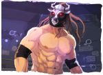  1boy brown_hair cow_mask crowd dangan_ronpa dangan_ronpa_3 great_gozu long_hair male_focus muscle nipples rinku2 shirtless signature solo upper_body wrestling_mask wrestling_ring 