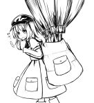 &gt;:o /\/\/\ 1girl :o backpack bag broom cabbie_hat ganmaganmo hair_bobbles hair_ornament hat highres kawashiro_nitori looking_at_viewer monochrome pocket short_hair short_hair_with_long_locks skirt solo surprised sweat touhou translated two_side_up 