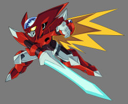  1boy absurdres arm_blade armor blonde_hair energy_sword forehead_jewel grey_hair helmet highres humanoid_robot long_hair medarot mega_man_(series) mega_man_battle_network_(series) pillar_buster red_armor red_helmet robot simple_background solo spiky_hair sword weapon zero.exe_(mega_man) 