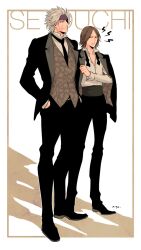  2boys ango_(f_ango) angry black_pants black_vest brown_hair brown_vest chousokabe_motochika_(sengoku_basara) collarbone eyepatch formal full_body grey_hair grimace hands_in_pockets jacket jacket_on_shoulders long_sleeves male_focus mouri_motonari_(sengoku_basara) multiple_boys pants parted_bangs sengoku_basara shadow short_hair signature slap_mark vest 