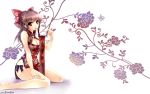  1girl alternate_costume banner bare_legs barefoot bow breasts brown_eyes brown_hair calligraphy_brush china_dress chinese_clothes cleavage cleavage_cutout dress female floral_background flower hair_bow hair_tubes hakurei_reimu hand_on_thigh holding legs looking_at_viewer mouth_hold new_year paintbrush patterned ribbon rose signature sitting sleeveless smile solo string touhou wariza windforcelan 