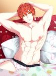  1boy 707_(susanghan_messenger) abs bed blanket looking_at_viewer lying male_focus muscle mystic_messenger nipples pecs pillow redhead smile solo susanghan_messenger teeth topless underwear yellow_eyes 