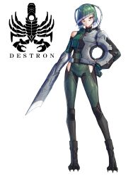 1girl bare_shoulders belt black_footwear blade_arm bodysuit boots buckle chest_harness clawed_boots claws commentary cyborg diagonal_bangs dinosaur_girl eidenjyou1997 english_commentary eye_black genderswap genderswap_(mtf) green_bodysuit green_hair grey_hair guillotine_saurus hand_on_own_hip harness highres hip_vent kaijin kamen_rider kamen_rider_v3_(series) logo monster_girl multicolored_hair red_eyes simple_background single_bare_shoulder snap-fit_buckle solo tube white_background