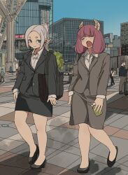  2girls 3girls aura checkered_floor closed_eyes dark_skin elf formal frieren green_eyes high_heels long_hair multiple_girls open_mouth pencil_skirt perutore pointy_ears skirt skirt_suit sousou_no_frieren suit tile_floor tiles 