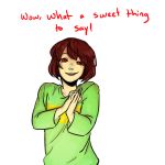  androgynous brown_hair chara_(undertale) commentary english hands_together looking_at_viewer open_mouth oxi_(oxidization) red_eyes shirt simple_background smile solo spoilers striped striped_shirt transparent_background undertale 