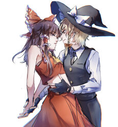  2girls aihara-rina alternate_costume arms_behind_back ascot bare_shoulders black_gloves black_necktie black_pants black_suit black_vest blonde_hair bow braid brown_eyes brown_hair business_suit collared_shirt crop_top detached_sleeves fingerless_gloves formal frilled_bow frilled_hair_tubes frills gloves hair_bow hair_tubes hakurei_reimu hand_on_another's_stomach hat highres holding_hands kirisame_marisa long_sleeves looking_at_another midriff multiple_girls necktie pants red_bow red_skirt shirt simple_background single_braid skirt suit touhou vest white_background white_shirt witch_hat yellow_ascot yellow_eyes yuri 