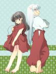  1boy 1girl animal_ears back-to-back barefoot black_hair bottomless brown_eyes costume_switch couple crossed_arms dog_ears higurashi_kagome inuyasha inuyasha_(character) necklace standing white_hair yellow_eyes 