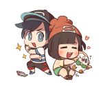  10s 1boy 1girl baseball_cap beanie bird black_hair blue_eyes blush brown_hair capri_pants chibi closed_eyes female_protagonist_(pokemon_sm) handheld_game_console hat heart hug male_protagonist_(pokemon_sm) nintendo_3ds pants pokemon pokemon_(creature) pokemon_(game) pokemon_sm pose rowlet shirt shoes short_hair shorts simple_background sitting smile sneakers sparkle ssalbulre striped striped_shirt t-shirt tied_shirt white_background z-move z-ring 